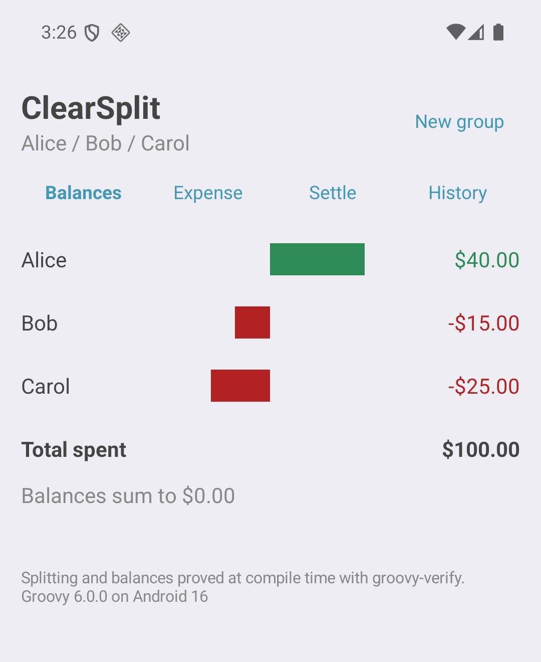 The Android app: the same balances with bars